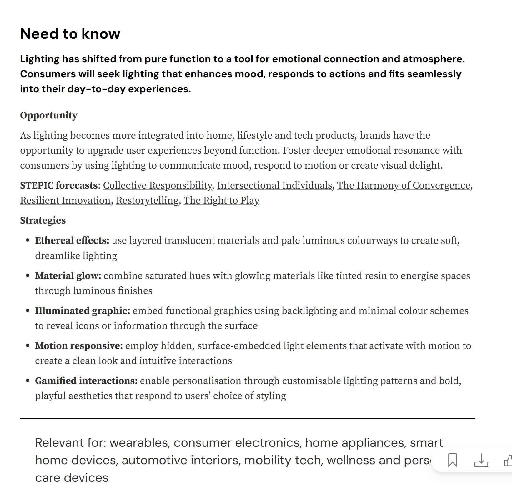 This category explores how lighting evolves from a purely functional light source into an experiential medium that resonates emotionally with people, responds to actions, and integrates into the rhythms of daily life. |
It emphasizes light as an “emotional language” that not only influences visual perception but also shapes psychological atmospheres through dynamic changes, material luminescence, and personalized patterns; technically, it fuses sensing, interaction, and aesthetics to achieve a balance between the sensory and the rational.
For example: The BMW 2-Series Gran Coupe (Germany) features playful ambient lighting with color gradients that soften the tech-forward cabin, creating a dreamy, uplifting glow.
The report's core quantitative trend, highlighted in STEPIC's forecast, is the “integration of emotional technology with user behavior.” This indicates consumers increasingly value integrated products that enhance emotional experiences—spanning smart homes, wearables, health tech, and beyond.
This data indicates users desire technology that “understands and responds” to their emotions. Therefore, in my 3D-printed wearable project, I will prioritize incorporating light-sensing or interactive lighting modules. This allows the piece to illuminate and change colors based on the user's movements or state, creating an experience of “human-machine empathy.”